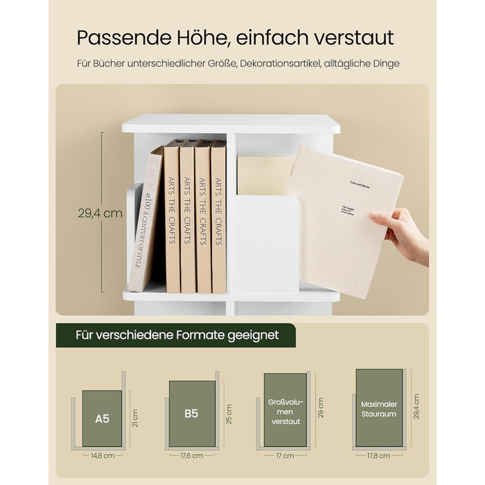 Обертова книжкова полиця EUGAD, кімнатна перегородка, полиця на місці, обертова полиця, офісна полиця, декоративна полиця, вільно обертається на 360 з 4 полицями для спальні, офісу, МДФ, білий, 39,5 x 128 x 39,5 см, 4 полиці (39,5 Ш x 128 В x 39,5 Г см), 