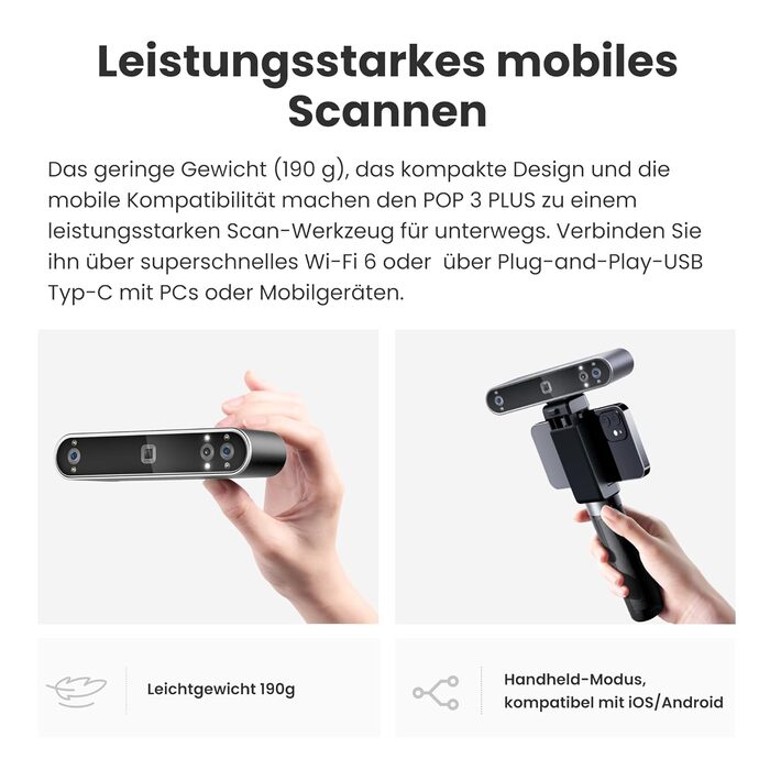 Сканер Revopoint POP 3 Plus для 3D-друку, ручний сканер із високою точністю 0,04 мм, повнокольорове сканування середніх обєктів, 3