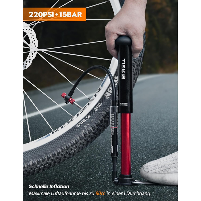 Велосипедний насос Tiakia з манометром, маленький велосипедний насос для всіх типів вентилів, алюмінієвий міні-насос для підлоги, портативний насос для шин для вентилів Schrader та Presta, для шосейних та гірських велосипедів, 220 PSI/15 BAR