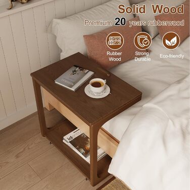 Дерев&39яний журнальний столик, диванний столик на колесах, С-подібна форма, мобільний журнальний столик, 60Ш x 40Г x 63В см, журнальний столик для вітальні для кави та ноутбука (горіхово-коричневий) Горіхово-коричневий 60Ш x 40Г x 63В см