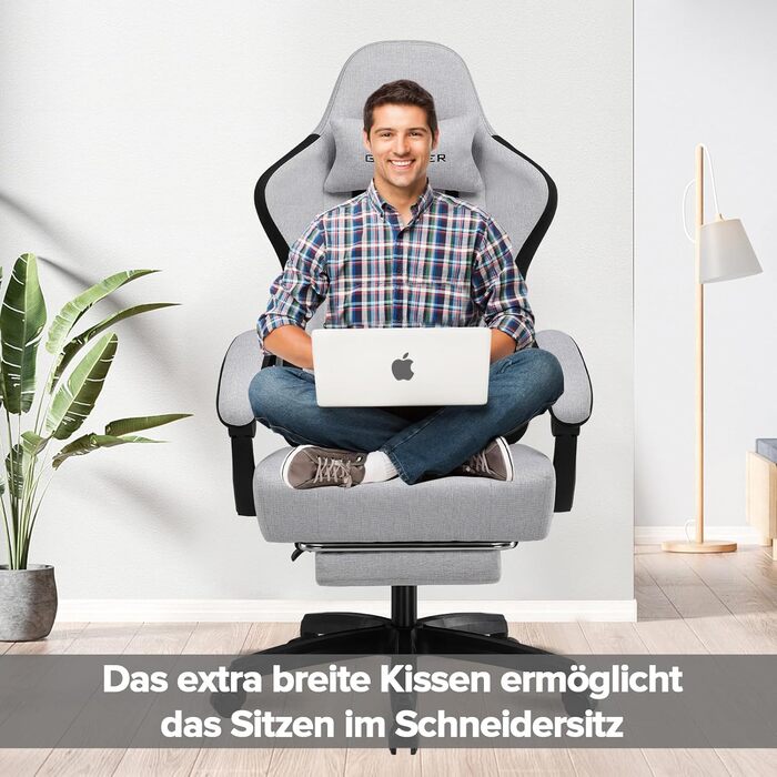 Ігрове крісло GTPLAYER Ергономічне ігрове крісло з тканинною поверхнею, пружинною подушкою сидіння, з&39єднувальними підлокітниками та підставкою для ніг 150 кг, біло-сіре