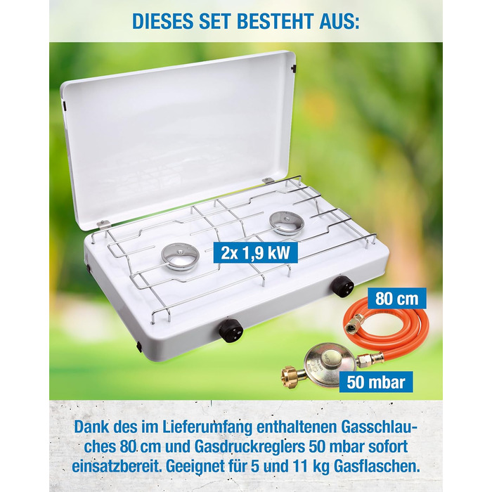 Двоконфорочна газова плита CFH Capri ZK 421 кемпінгова газова плита з регулятором тиску газу 50 мбар та газовим шлангом 80 см, потужність 3,8 кВт, витрата 277 г/год, знімна кришка та хромована решітка, зроблено в Європі