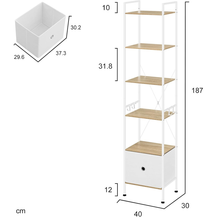 Ярусна окремостояча полиця WOLTU з шухлядою, металевий каркас, для вітальні, кабінету, домашнього офісу, спальні, сучасний колір, світлий дуб білий, RGB63whe 40x30x187 см світлий дуб білий, 5-