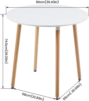 Круглий обідній стіл HJ WeDoo з 4 стільцями, кухонний стіл 90 см та комплект із 4 обідніх стільців, обідній гарнітур, комплект сидінь для кухні та вітальні (білий стіл 4 білі стільці) Обідній стіл 90 см білий, 4 білі букові стільці