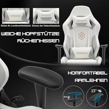 Ігрове крісло, біла шкіра, ігрове крісло з мікрофібри з підставкою для ніг, гоночне ігрове крісло з регульованими підлокітниками, поперекова подушка, підголівник, вантажопідйомність 180 кг, штучна замша - сталеві ніжки, білі