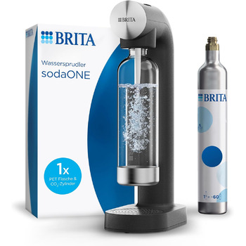 Виробник газованої води BRITA sodaONE (чорний) з циліндром CO та ПЕТ-пляшкою без BPA Перетворює питну воду на газовану газовану воду (до 60 л на циліндр) виробник газованої води для дому