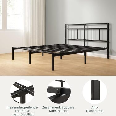 Ліжко Zinus Elias каркас 140x200 см з вінтажним узголів&39ям - Металеве ліжко 140x200 з металевою рейковою основою - Платформа заввишки 30 см з простором під нею - Пружинний матрац не потрібен - Чорний 200 x 140 см