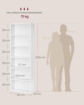 Книжкова полиця VASAGLE, 6-ярусна, відкрита полиця для зберігання, окремостояча полиця, 24 x 60 x 178,5 см, для вітальні, домашнього офісу, їдальні, хмарно-білий LBC169T14 6 ярусів (60Ш x 178,5В см) хмарно-білий