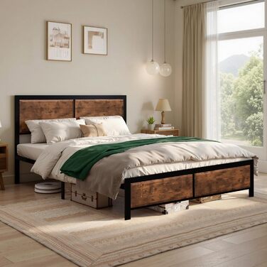 Ліжко VECELO з металевим каркасом 140 x 200 см та товстим дерев&39яним узголів&39ям, каркас двоспального ліжка з металу з рейковою основою, багато місця для зберігання під ліжком, ідеально підходить для спальні, коричневий колір 140 x 200 см, коричневий