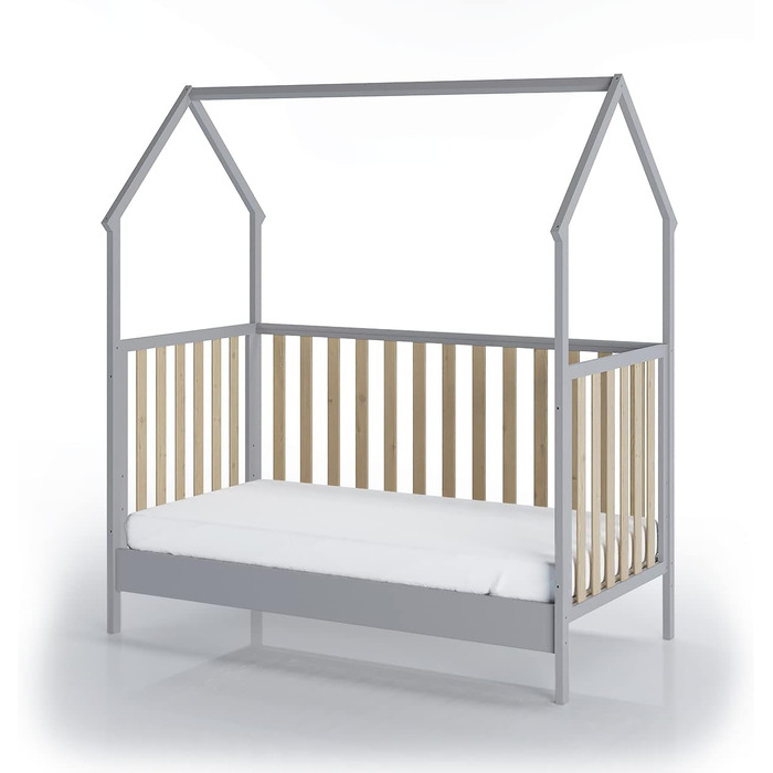 Дитяче ліжко-ліжко-будиночок FabiMax, 70x140 см, виготовлене з сосни, сірого кольору/натурального лаку (Надувний матрац)