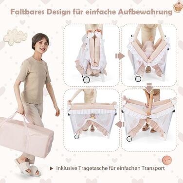 Дитяче ліжечко DREAMADE 5-в-1 для подорожей з матрацом та балдахіном, складне дитяче ліжечко на колесах, пеленальний столик та манеж, приліжкове ліжечко з музичною скринькою та підвісними іграшками, для новонароджених 0-36 місяців (рожеве)