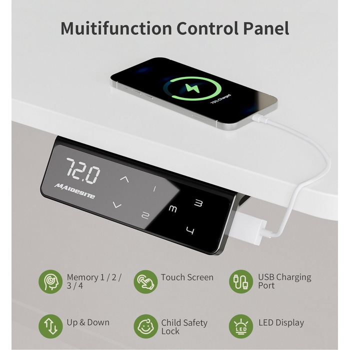 Письмовий стіл з регульованою висотою (140 x 70 см) Комп&39ютерний стіл з електричним регулюванням висоти, 4 режимами пам&39яті, дошкою для записів та колесами, що обертаються на 360 Стіл SN1 140 x 70 см Білий біла рама