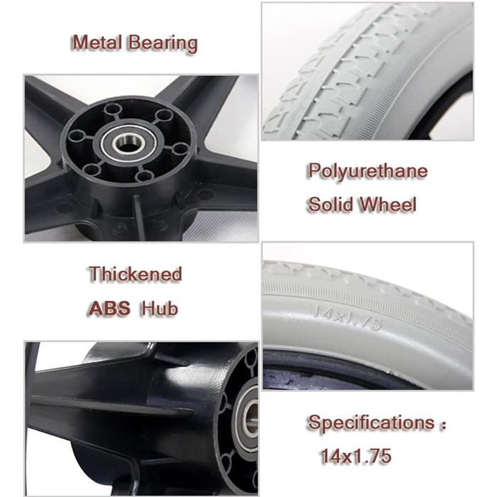 Пара задніх коліс для інвалідного візка, 14-дюймові аксесуари для інвалідних візків, запасне колесо для старшого інвалідного візка, нековзні колеса з твердої гуми/сірий, 1
