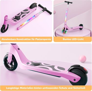 Дитячий електросамокат SISIGAD (6-10 років), 5,3-дюймовий дитячий електросамокат з миготливими світлодіодними вогнями та 3 регульованими висотами, двигун 45 Вт, макс. 10 км/год, максимальне навантаження 70 кг, YD531S рожевий-2
