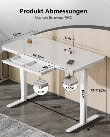 Стіл Homall Glass з регульованою висотою, 120 x 60 см, електричний стіл з регульованою висотою та шухлядою, стіл для домашнього офісу з можливістю сидіти та стояти, білий 120 x 60 см, білий