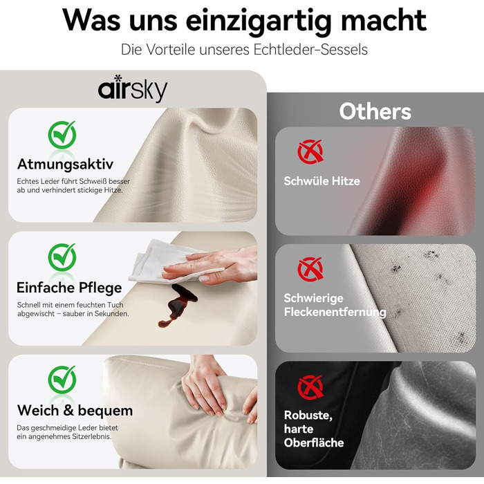 Крісло для відпочинку AIRSKY, крісло для телевізора зі справжньої шкіри з функцією відкидання, крісло для кінотеатру, крісло для сну, крісло для літніх людей, крісло для телевізора з функцією сну, крісло з ручним регулюванням для вітальні та спальні, беже