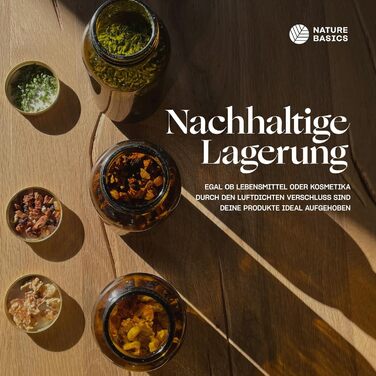 Набір скляних банок для зберігання Nature Basics - 4 x 400 мл - Банки з бурштинового скла з різьбовими кришками та щільно закриваючими алюмінієвими кришками - для зберігання продуктів та косметики - Герметичні та придатні для миття в посудомийній машині