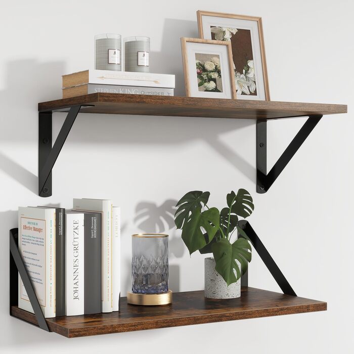 Плаваюча полиця, глибина 20 см, настінна полиця шириною 40 см, комплект із 2 настінних полиць з металевими кронштейнами, книжкова полиця з ДСП для ванної кімнати, вітальні, кухні, вінтажно-коричневий колір, 40 x 20 x 12,5 см