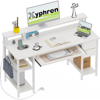 Письмовий стіл з 2 шухлядами, 120 x 50 см, комп&39ютерний/ігровий стіл з підставкою для клавіатури, регульованою по висоті бічною полицею, підставкою для монітора та розеткою для домашнього офісу та вітальні, білий, 120 x 50 см