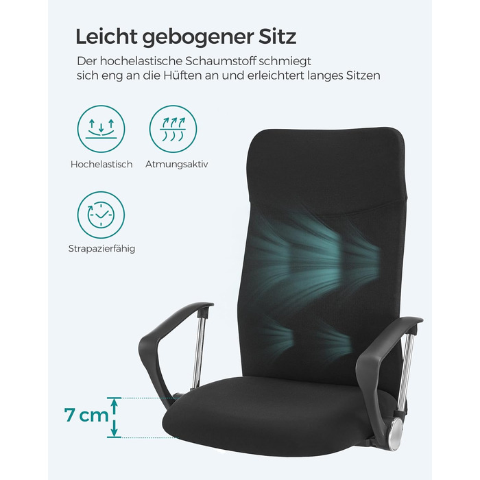 Офісний стілець SONGMICS, ергономічний стілець для столу, обертовий стілець, м&39яке сидіння, регульована висота та нахил, вантажопідйомність до 120 кг, чорний OBN034B01 Чорний 1