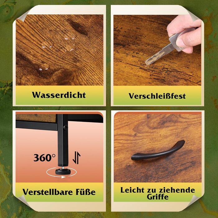 Комод WLIVE з 4 тканинними шухлядами, комод для спальні, комод для вітальні, з міцним сталевим каркасом, дерев&39яна стільниця, рустикальний коричневий вінтажний коричневий чорний 29,8 Г x 39,8 Ш x 98,2 В см (4 шухляди)