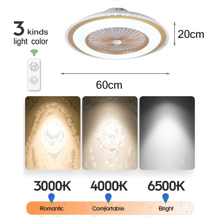 Великі стельові вентилятори в приміщенні зі світлом, 23,6-дюймовий закритий маленький стельовий вентилятор, прихований тихий акрил