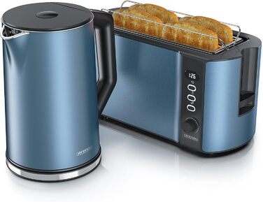 Чайник з тостером SET Нержавіюча сталь синій, чайник 1,5 л, 40 - 100C Тостер з функцією збереження тепла 4 скибочки LED-дисплей 6 ступенів підрум'янювання Насадка для рулону