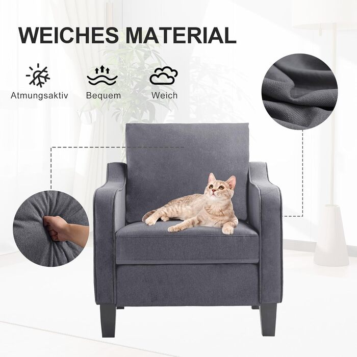 Крісло для вітальні, сучасне крісло з відкидною спинкою, підлокітниками та товстою подушкою, м&39який лляний одномісний диван для невеликих приміщень, зручне крісло для спальні, темно-сірий, комплект з