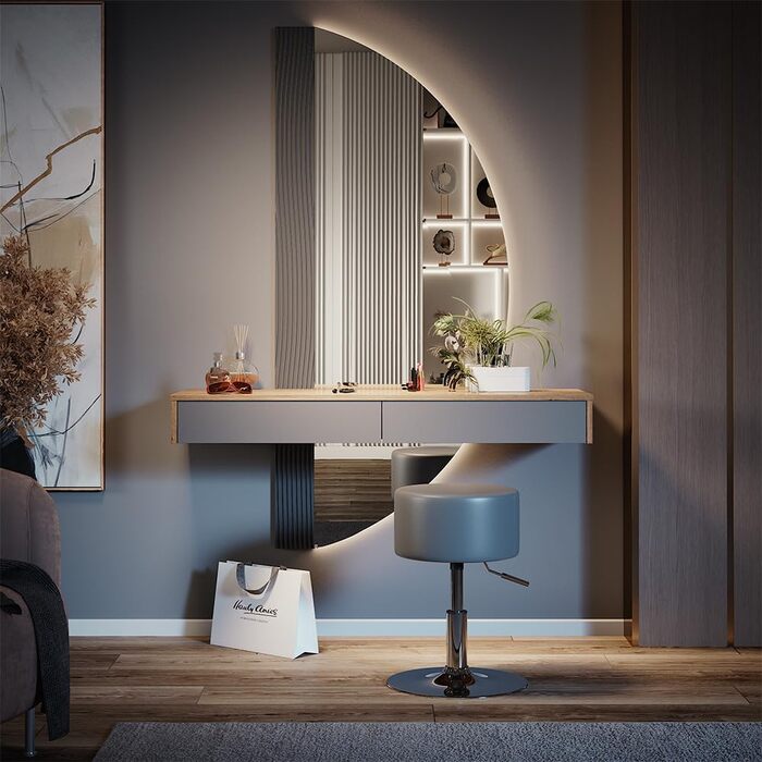 Туалетний столик Vicco Melisa, дуб/сірий, 120 см з підсвічуванням і табуретом Сірий зі світлодіодним дзеркалом і табуретом
