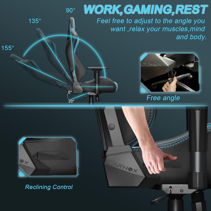Ігрове крісло KARNOX з тканини, ергономічне гоночне крісло, регульована висота робочого столу з підголівником та поперековою подушкою, кут нахилу 155, регульовані підлокітники 4D, синій