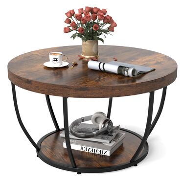 Круглий журнальний столик COSTWAY, дерев&39яний диванний столик з 2 ярусами та металевим каркасом, журнальний столик для вітальні діаметром 80 см для вітальні, приймальні, офісу (рустикально-коричневий)