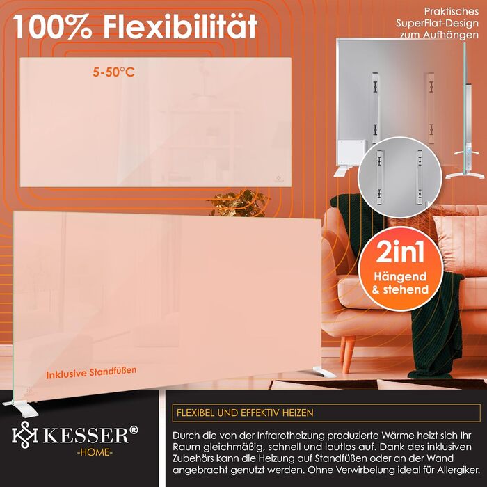 Інфрачервоний обігрівач KESSER 600 Вт, скляний конвектор, енергозберігаючий, 2-в-1, окремостоячий та настінний електричний обігрівач з датчиком відкритого вікна дистанційним керуванням та керуванням через додаток, термостат, нагрівальна панель 600 Вт, біл