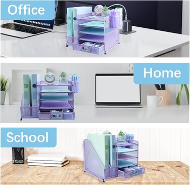 Органайзер для столу, тримач для файлів з 2 тримачами для ручок, 5 рівнів, лоток для паперів та листів з шухлядою, сітчастий настільний органайзер з тримачем для журналів та канцелярського приладдя, фіолетовий/фіолетовий, 5 рівнів
