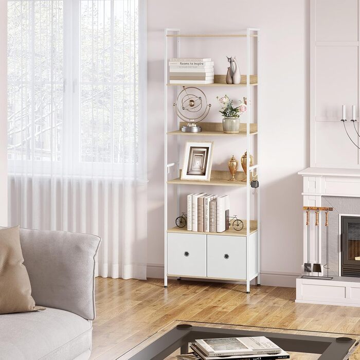 Окремостояча полиця WOLTU, книжкова полиця з 5 полицями та 2 шухлядами, настільна полиця для вітальні, кухні, кабінету, спальні, з металевим каркасом, 63x187x30 см, світлий дуб білий, RGB62whe 63x30x187 см Світлий дуб білий