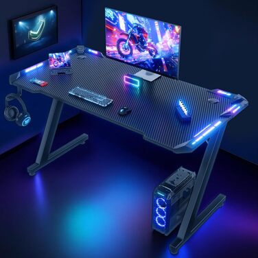 Ігровий стіл Homall зі світлодіодним підсвічуванням, ігровий стіл з RGB-підсвіткою 120 x 60 см, Z-подібна форма, великий комп&39ютерний стіл з гачком для навушників та підставкою для чашок, ігровий стіл для домашнього офісу (чорний)