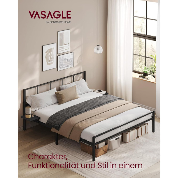 Каркас двоспального ліжка, Ліжко, 160 x 200 см, Металеве ліжко, Каркас ліжка, з узголів&39ям, Сучасне, з полицями для зберігання, Гостьове ліжко, для підлітків, Матовий чорний RMB195B01 160 x 200 см з узголів&39ям