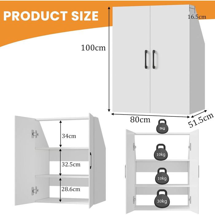 Похила стельова полиця MSFE з 2 дверима, 100x80x51,5 см, шафа для похилих стін у спальнях на горищі, біла дерев&39яна книжкова полиця, 4-рівнева полиця для похилих стель (2 двері)