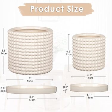 Набір із 2 керамічних квіткових горщиків, 15 см 11 см, з бульбашками та дренажними отворами, сині квіткові горщики з перловим дизайном, декоративні кімнатні квіткові горщики, підходять для кактусів та ампельних рослин, білий-2