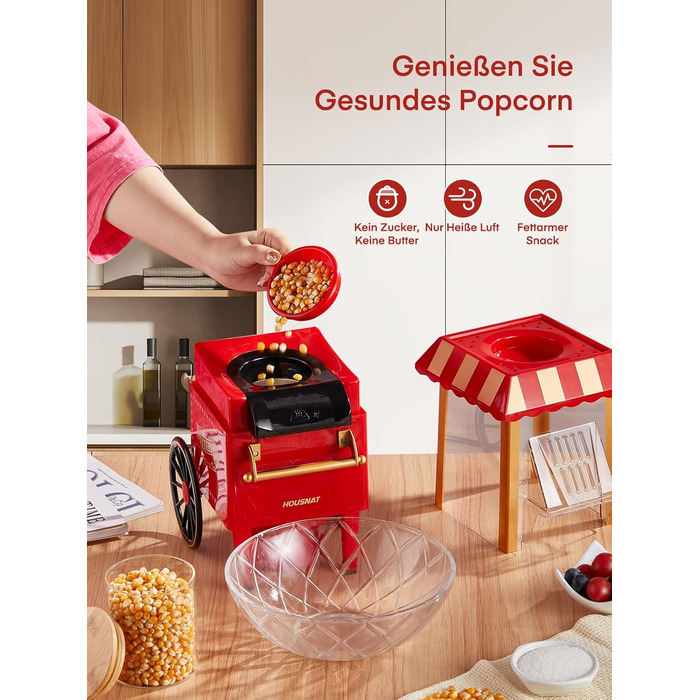 Машина для приготування попкорну HOUSNAT Гаряче повітря - Ретро маленька машина для приготування попкорну - Знежирена безолійна та здорова закуска Mas - Машина для приготування попкорну 1200 Вт для дому - Ніч кіно та Різдво - Червоний
