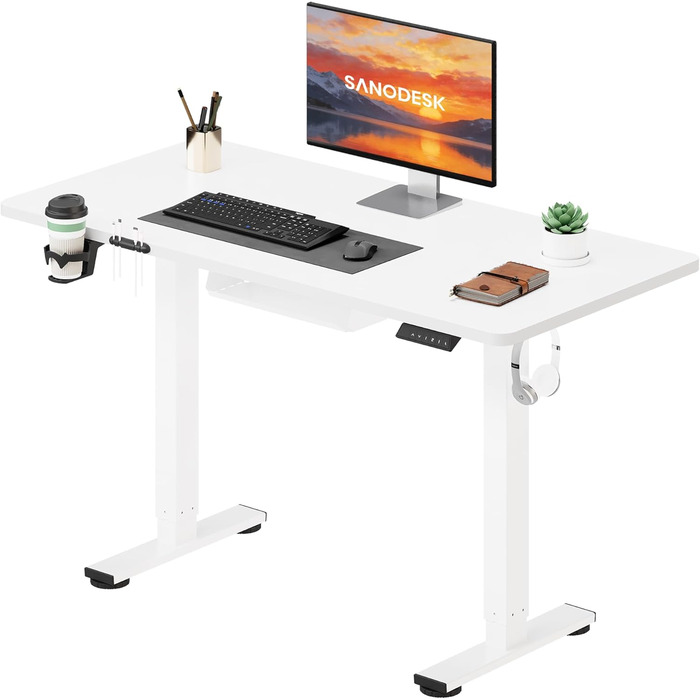 Письмовий стіл з регульованою висотою 11054 см Компактний стіл для роботи стоячи з практичними аксесуарами, ідеально підходить для невеликих приміщень, тихий та безпечний із захистом від зіткнень (білий) 110 x 54 см Білий