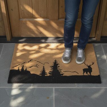 Килимок для дверей Relaxdays Coconut 80x50 см, малюнок оленя, нековзний, водонепроникний, для використання всередині та зовні приміщень, натуральний/чорний