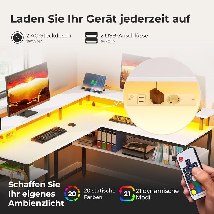 Г-подібний ігровий стіл Rolanstar зі світлодіодним освітленням та розетками, ігровий стіл з підставкою для монітора та місцем для зберігання, кутовий стіл з 2 гачками, великий двосторонній комп&39ютерний стіл для офісу (білий, 137 x 108 см) Білий 137 x 10