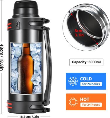 Термос колба термос колба 6.0 л, вакуумна пляшка з нержавіючої сталі, вакуумна колба з 2 чашками для пиття, двостінна ізоляційна п