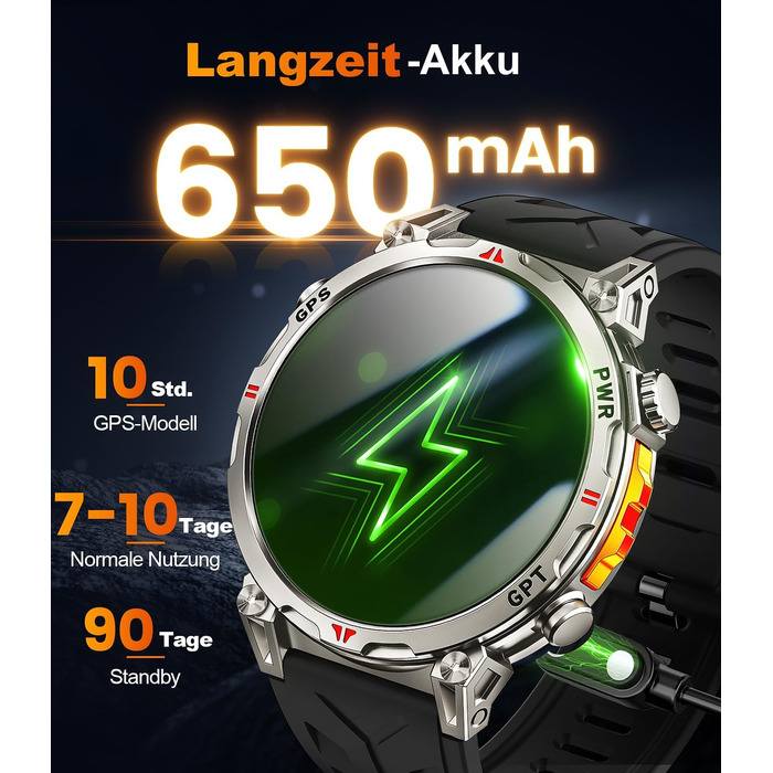 Військовий смарт-годинник для чоловіків, спортивний GPS-годинник з 1,6-дюймовим AMOLED HD-дисплеєм, функціями телефону/чату/GPT/AI/5 спортивних режимів GPS/100 спортивних режимів, фітнес-годинник для Android та iOS (чорний)