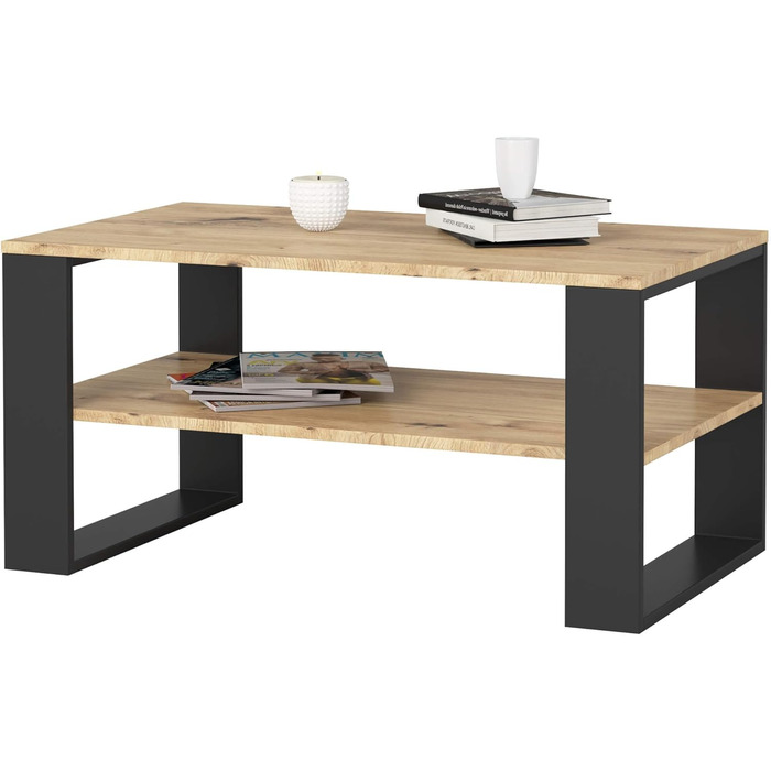 Дерев&39яний журнальний столик AKORD Alex з однією полицею, 92x45x53 см, для вітальні, спальні, шафи, мінімалістичний сучасний дизайн, ламінат 16 мм, оздоблення Artisan Oak & Black