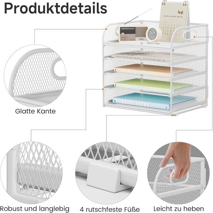 Органайзер для столу VITVITI, 5-ярусний лоток для листів, штабелювані тримачі для файлів, лотки з ручками, канцелярське приладдя для документів A4, паперу, книг, журналів (білий)