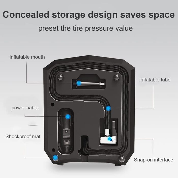 Портативний цифровий електричний повітряний компресорний насос для автомобілів з прихованим зберіганням та інтелектуальним накачуванням, 12 В