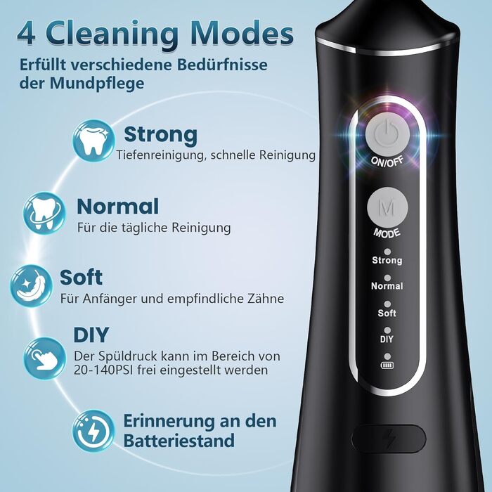 Бездротовий Електричний Іригатор для Порожнини Рота, Переможець Тестів 2026, 4 Режими Налаштування Тиску та 5 Насадок з Обертанням на 360 для Щоденного Глибокого Очищення, 300 мл, Водонепроникний IPX7 для Подорожей та Дому, Чорний