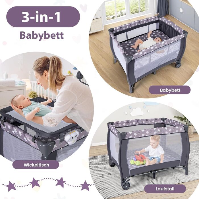 Складана приліжкова ліжечка COSTWAY 3 в 1, дорожнє ліжечко з матрацом, підвісні іграшки, музичний мобіль, пеленальний столик та сумка для перенесення, 2-рівневе дитяче ліжечко з колесами для дітей до 36 місяців (темно-сірий)