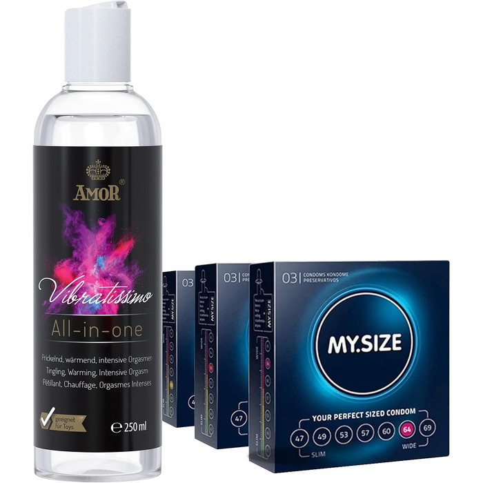 Презервативи Vibratissimo Play Gel все в одному 250 мл та MY.SIZE, 3 шт. Зігрівальний, поколюючий та стимулюючий оргазм лубрикант Зволожувальний матеріал на водній основі та презервативи шириною 57, 60, 64 мм, 250 мл () Набір (все в одному презервативи My